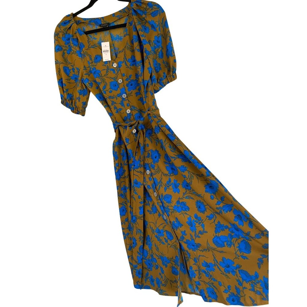 Ann Taylor Blue Floral Mustard Midi Button Down Dress Tie Waist RDD10670